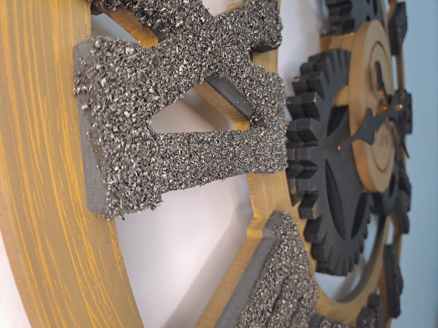 Handcrafted Golden Oak Industrial Wall Clock with Iron Shaving Roman Numerals - 27.6 inc (Limited Edition)