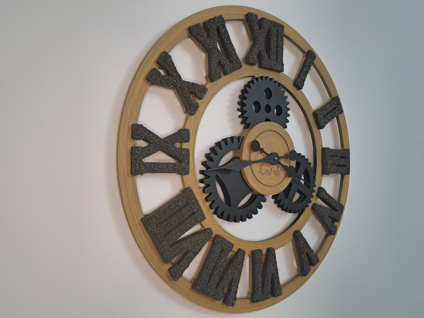 Handcrafted Golden Oak Industrial Wall Clock with Iron Shaving Roman Numerals - 27.6 inc (Limited Edition)