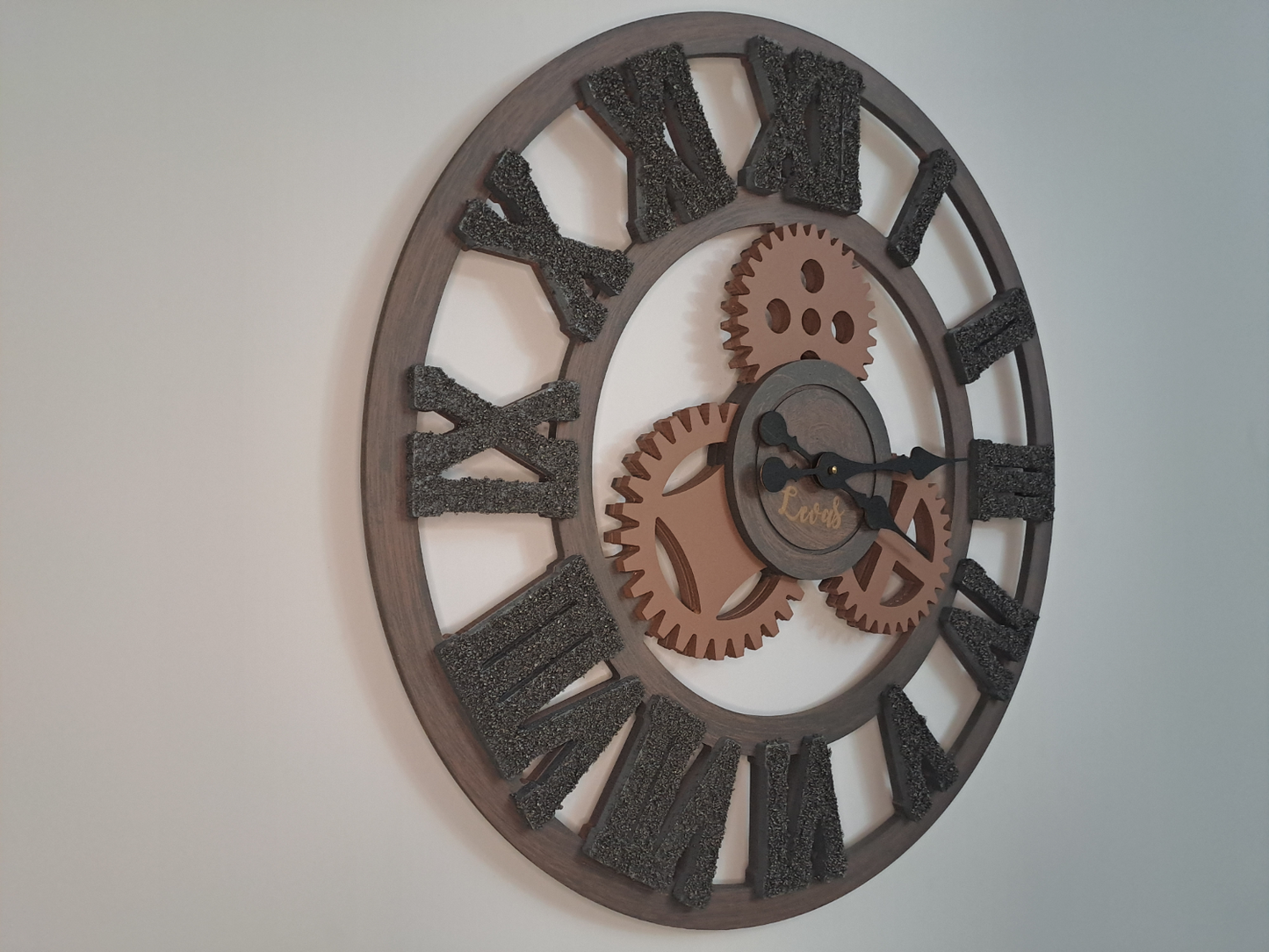 Handcrafted Dark Walnut Industrial Wall Clock with Iron Shaving Roman Numerals - 27.6 inc (Limited Edition)