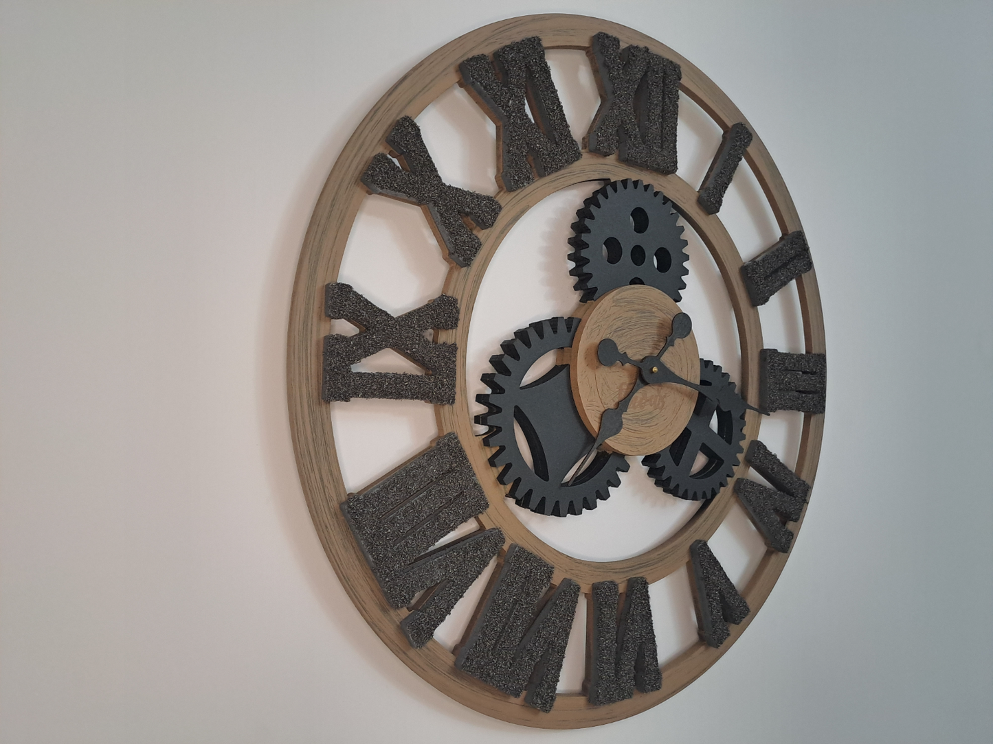 Handcrafted Natural Oak Industrial Wall Clock with Iron Shaving Roman Numerals - 27.6 inc (Limited Edition)